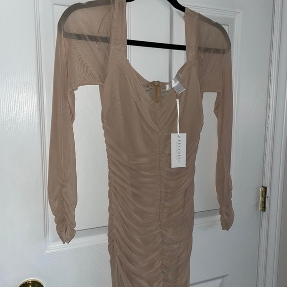 Ruched Nude/Cream Midi Bodycon Dress - Picture 3 of 6